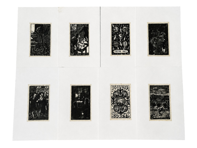 Conjunto de 8 xilogravuras que retratam trechos do livro "Os Demônios", tradução de Rachel de Queiroz, edição de 1962, páginas 41, 127, 185, 253, 256, 445, 537 e 545.  Ass. Axl Leskoschek
