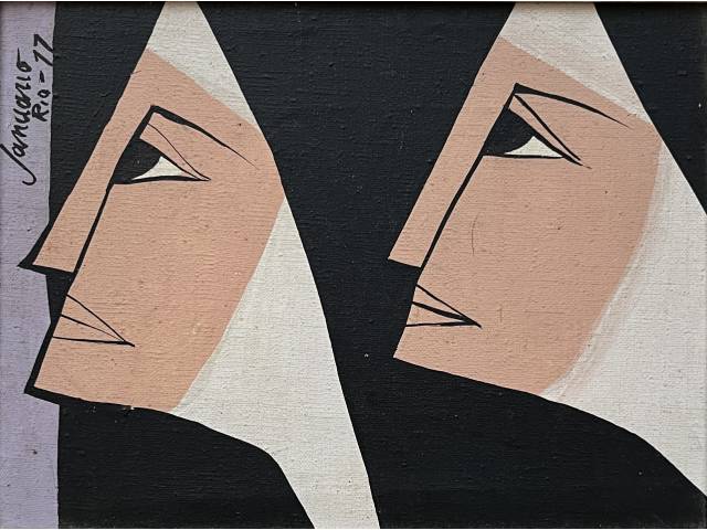 Sebastião Januário óleo sobre tela 16x 21cm "Freiras" ass. CSE datada 1977