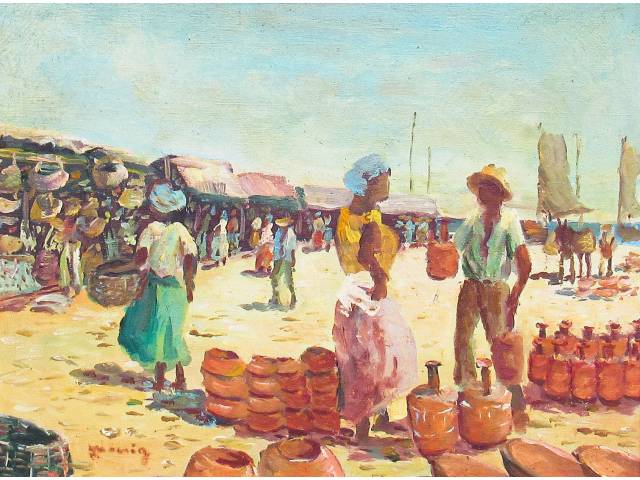 Alfredo Koenig óleo sobre tela 30 x 40cm  intitulada "Feira" ass. CIE