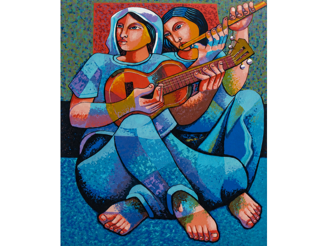 Adélio Sarro gravura  54 x 71 cm "Tocando Estrelas" ass. CIE T. 65/180 moldura no estado com pequena mancha na base