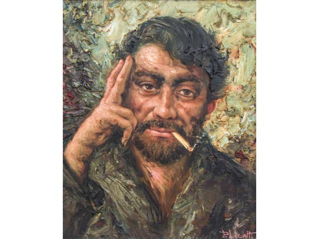 P. Licatti (Prof° José Paulo Licatti)  óleo sobre tela colado em Eucatex 30 x 24cm "Caipira Meditando" ass. CID datada 1972. Com etiqueta do artista no verso.