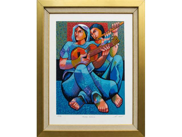 Lote 015 — Adélio Sarro gravura  54 x 71 cm "Tocando Estrelas" ass. CIE T. 65/180 moldura no estado com pequena mancha na base