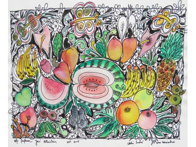Adir Sodré técnica mista sobre cartão 56 x 76cm "Frutas Tropicais" ass. CID datada 2005. Sem moldura