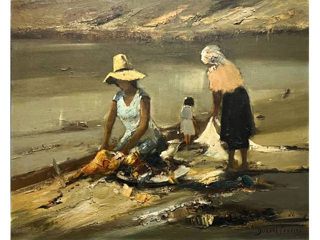 Durval Pereira óleo sobre tela 100 x 76 cm "Lavadeiras" assinada CID