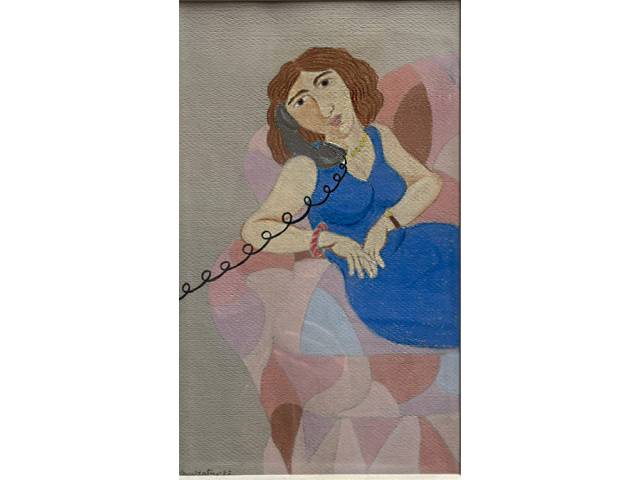 Lote 093 — Laura Beatriz tecnica  mista sobre cartão 35x50 cm "Figura Feminina no telefone" ass. CIE datada1982.