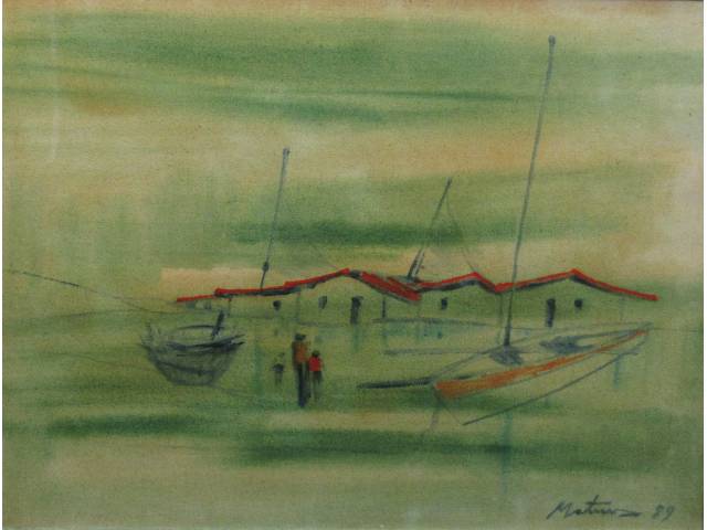 Mateus Raimundo  óleo sobre tela 56 x 76 cm "Vilarejo de Pescadores e Jangadas" ass. CID ano 1989