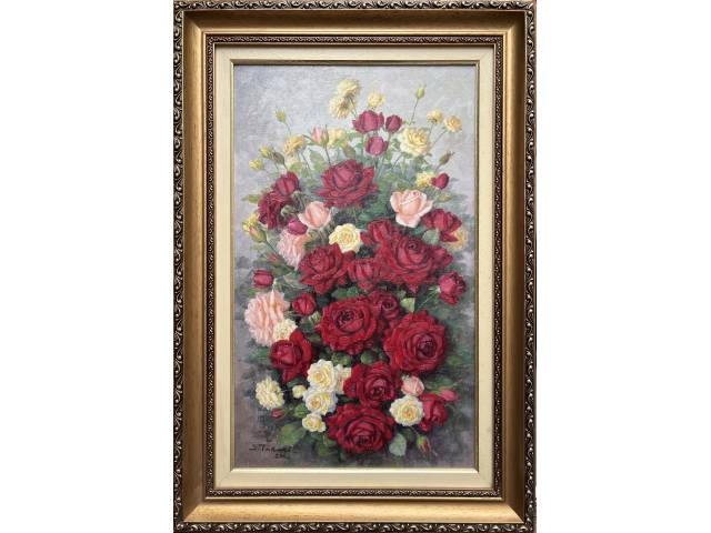 Lote 029 — Shokichi Takaki óleo sobre tela 50 x 30cm "Rosas" ass. CIE e verso datada 2002-São Paulo.