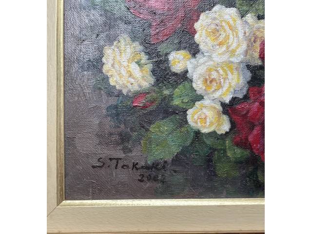 Lote 029 — Shokichi Takaki óleo sobre tela 50 x 30cm "Rosas" ass. CIE e verso datada 2002-São Paulo.