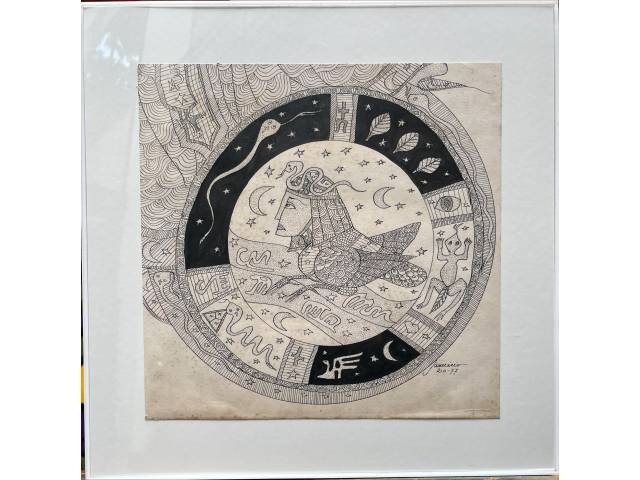 Lote 072 — Sebastião Januário desenho sobre cartão 30 x 30cm "Ciclos, Serpentes e Astros" ass. CID datada 1977