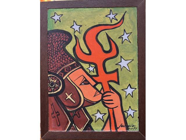 Lote 073 — Sebastião Januário óleo sobre eucatex 22 x 16cm "Guardião do Sertão" ass. CID datada 1971