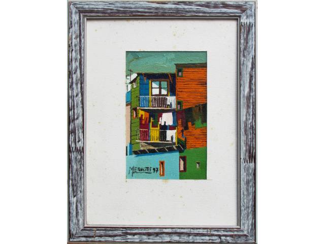 Lote 075 — Marcelo Erustes óleo sobre cartão 22 x 14 cm "Balcones" ass. CIE datada   1997 acompanha certificado do artista.