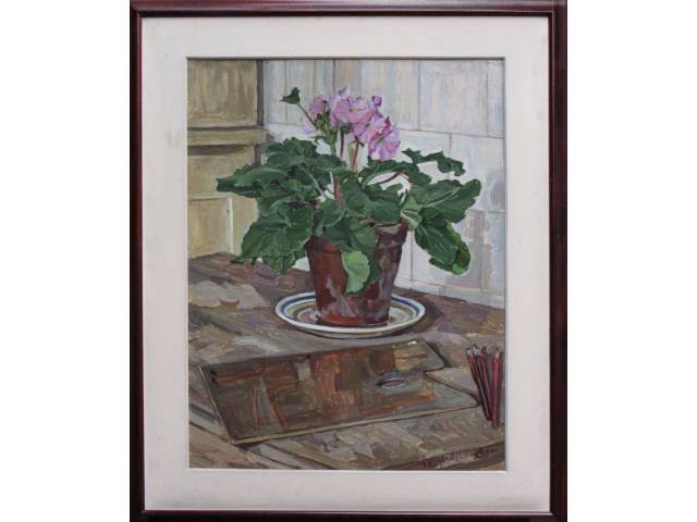 Lote 095 — Gladys Maldaun óleo sobre eucatex 70 x 50cm "Canto de Atelier" datada 1988. Com etiqueta no verso Sociarte 1988 - 7º Seleção de Artistas Contemporâneos.