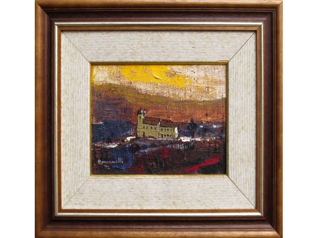 Lote 024 — Romanelli óleo sobre eucatex 16 x 22 cm "Igreja" ass. CIE e verso datada 1972