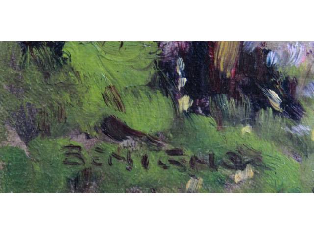 Lote 098 — José Benigno Ribeiro óleo sobre tela 20 x 40cm intitulada " Fazendo São Pedro - Pedra MG" ass. CIE e verso datada 2002