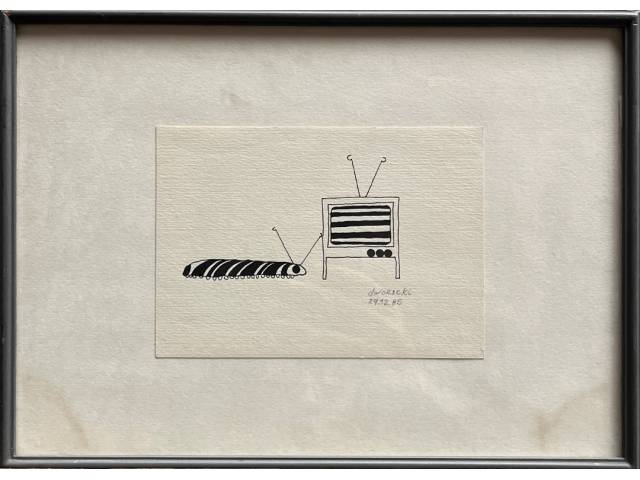 Lote 104 — Silvio Dworecki desenho sobre cartão  N. Fabriano 100/100 cotone 10x15cm "Sem Titulo" ass. CID datada 19/12/1986.