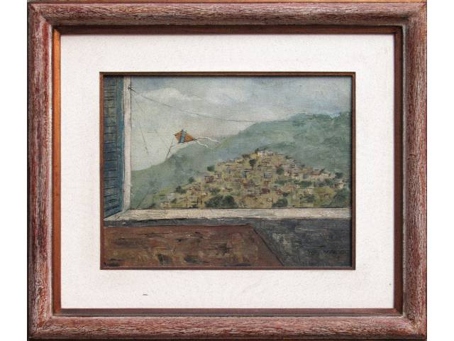 Lote 096 — José Paulo óleo sobre tela 33 x 40cm "Paisagem da Janela" ass. CID e verso datada 1959