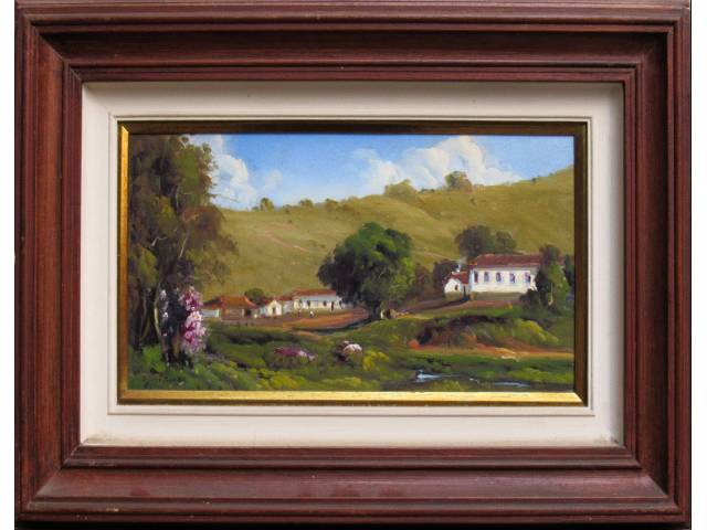 Lote 098 — José Benigno Ribeiro óleo sobre tela 20 x 40cm intitulada " Fazendo São Pedro - Pedra MG" ass. CIE e verso datada 2002