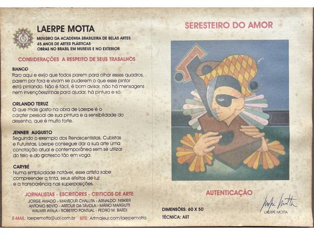 Lote 066 — Laerpe Motta óleo sobre tela 60 x50 cm intitulada  "Seresteiro do Amor" ass. CID e acompanha certificado