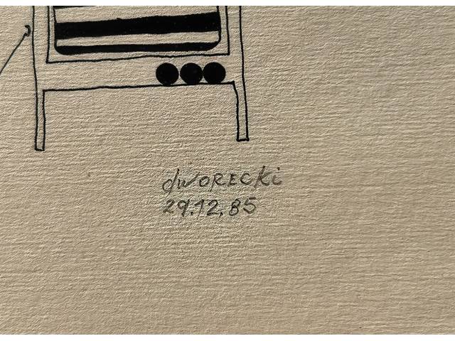 Lote 104 — Silvio Dworecki desenho sobre cartão  N. Fabriano 100/100 cotone 10x15cm "Sem Titulo" ass. CID datada 19/12/1986.