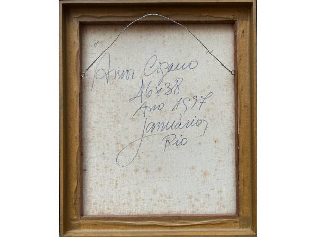 Lote 053 — Sebastião Januário óleo sobre tela 46 x 38cm intitulada "Amor Cigano" ass. CIE e verso datada 1997