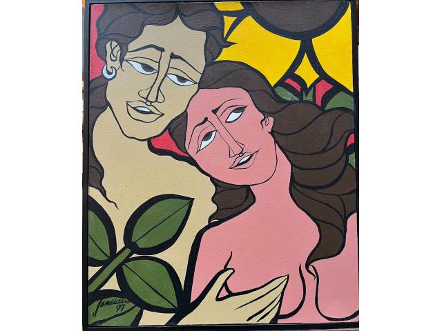 Lote 053 — Sebastião Januário óleo sobre tela 46 x 38cm intitulada "Amor Cigano" ass. CIE e verso datada 1997