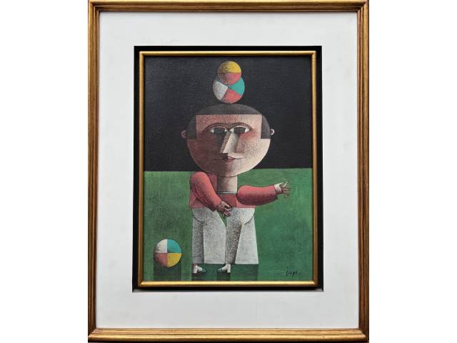 Lote 041 — Inos Corradin óleo sobre tela 40 x30 cm "Equilibrista com fundo verde" ass. CID e verso.