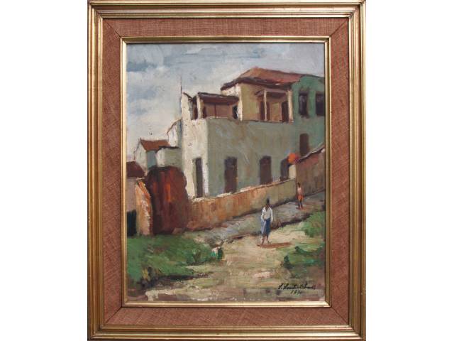 Lote 019 — Salvador Santisteban óleo sobre tela  50 x 40 cm "Vilarejo" ass CID. datada 1970 .