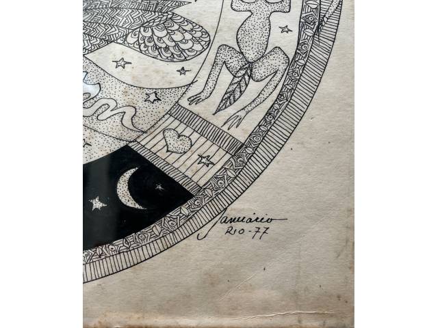 Lote 072 — Sebastião Januário desenho sobre cartão 30 x 30cm "Ciclos, Serpentes e Astros" ass. CID datada 1977