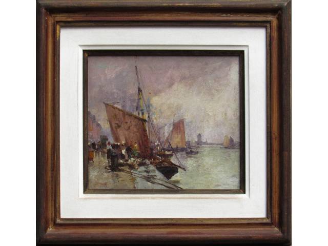 Lote 023 — Dario Mecatti óleo sobre madeira 22 x 28cm “Barcos” ass. CIE