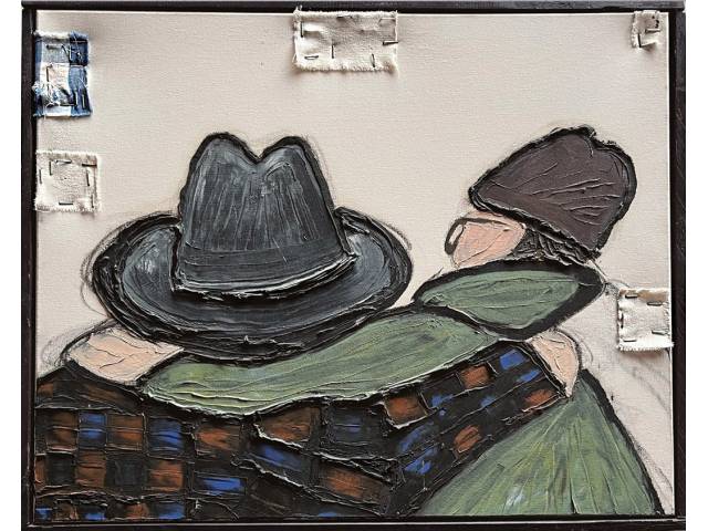 Lote 094 — Marcos Amaro técnica mista sobre tela 40x50cm "FAMA - ROLIM" ass. Verso datada  setembro /2024