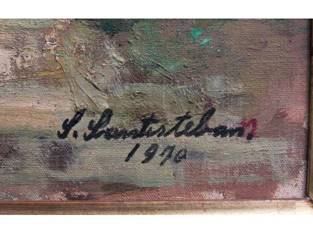 Lote 019 — Salvador Santisteban óleo sobre tela  50 x 40 cm "Vilarejo" ass CID. datada 1970 .