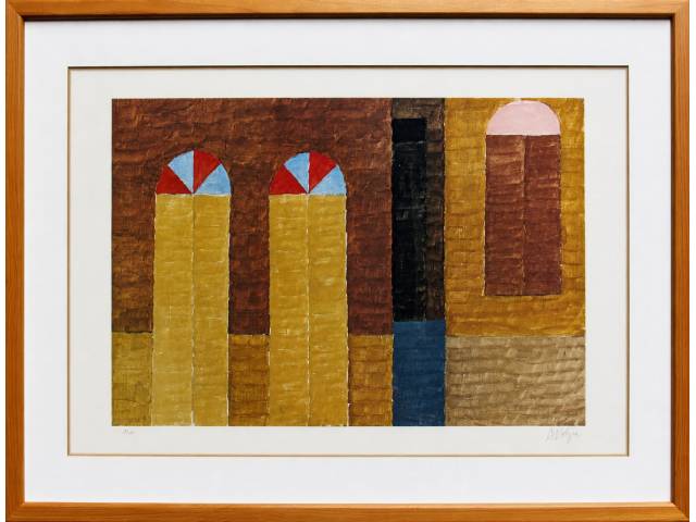 Lote 008 — Alfredo Volpi gravura 56 x 85cm "Sem título" ass. CID tiragem P.A.