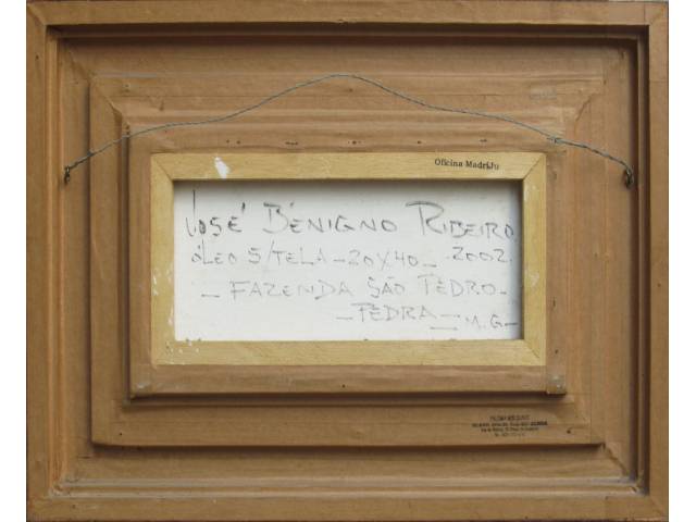 Lote 098 — José Benigno Ribeiro óleo sobre tela 20 x 40cm intitulada " Fazendo São Pedro - Pedra MG" ass. CIE e verso datada 2002