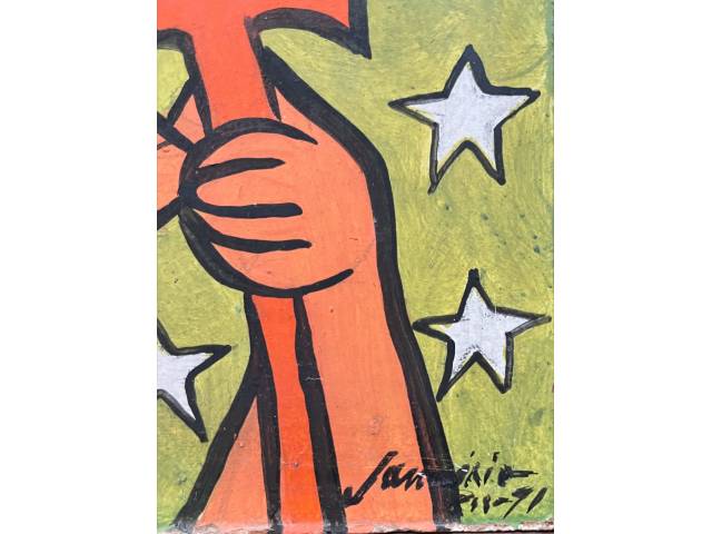 Lote 073 — Sebastião Januário óleo sobre eucatex 22 x 16cm "Guardião do Sertão" ass. CID datada 1971