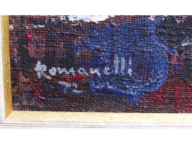 Lote 024 — Romanelli óleo sobre eucatex 16 x 22 cm "Igreja" ass. CIE e verso datada 1972