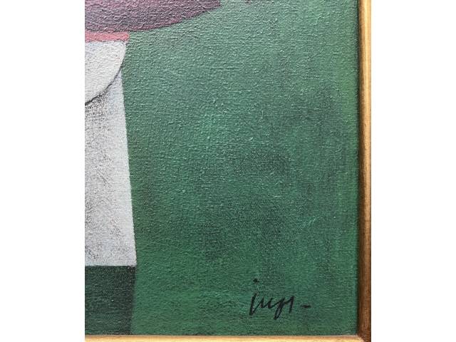 Lote 041 — Inos Corradin óleo sobre tela 40 x30 cm "Equilibrista com fundo verde" ass. CID e verso.