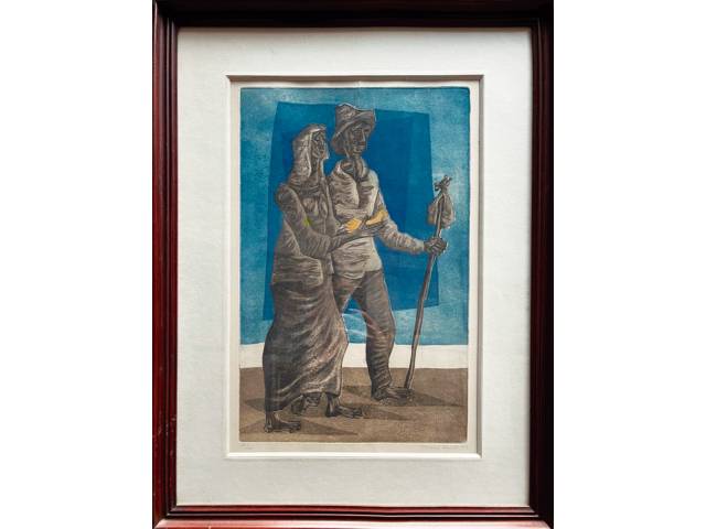 Lote 001 — Clovis Graciano gravura 50x35 cm "Retirantes" ass .CID datada 1973 tiragem 17/50.